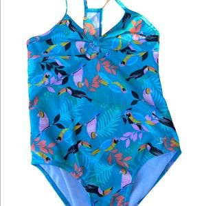 Speedo Girls Large 10 12 one piece swimsuit swimwear Blue Tropical Print